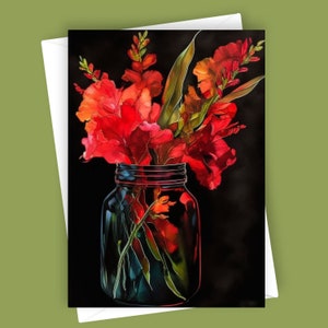Glaïeuls fantaisie en bocal | Carte de voeux vierge 5 x 7, papeterie florale, carte fleurs vibrantes, art glaïeuls, carte unique pour toutes les occasions