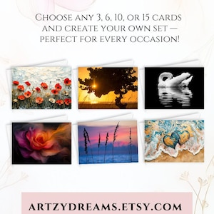May include: Image promoting customizable card bundles. Text reads "Build Your Own Bundle & Save." Includes examples of cards with floral, sunset, and abstract art. The Etsy shop name is "ARTZYDREAMS.ETSY.COM."