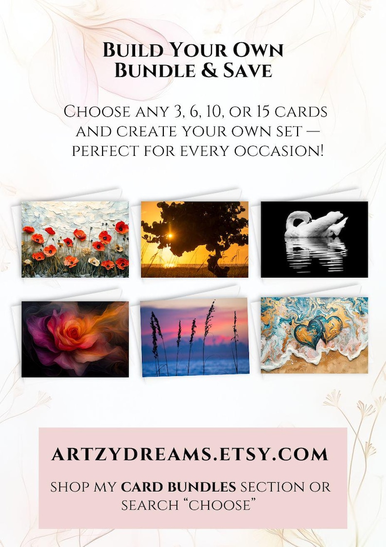 May include: Image promoting customizable card bundles. Text reads "Build Your Own Bundle & Save." Includes examples of cards with floral, sunset, and abstract art. The Etsy shop name is "ARTZYDREAMS.ETSY.COM."