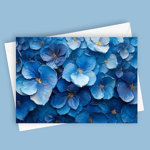 Tarjeta de felicitación en blanco de 5 x 7 con diseño floral azul, diseño de hortensias, tarjeta para ocasiones especiales, regalo único, tarjeta artística, felicitación con flores, papelería natural
