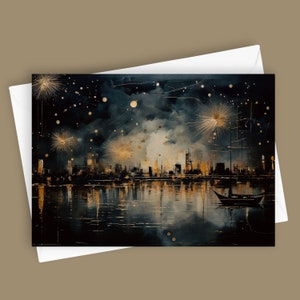Celebración dorada / Tarjeta de felicitación en blanco de 5 x 7, paisaje urbano de fuegos artificiales, papelería de cielo nocturno, elegantes detalles dorados, saludo festivo, 4 de julio