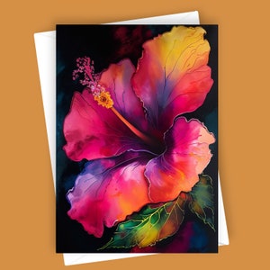 Ausgefallene Hibiskus | 5x7 Blanko-Karte, Lebendiges Blumen Briefpapier, Bunte Blumen Karte, Tropisches Blüten Design, Einzigartige Grußkarte, Botanische Kunst