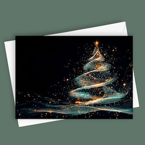 May include: A stylised abstract Christmas tree made of swirling lines of light, with a golden star on top, against a black background. The tree is surrounded by a scattering of golden lights.