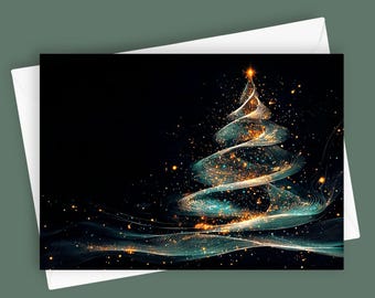 May include: A stylized abstract Christmas tree made of swirling lines of light, with a golden star on top, against a black background. The tree is surrounded by a scattering of golden lights.