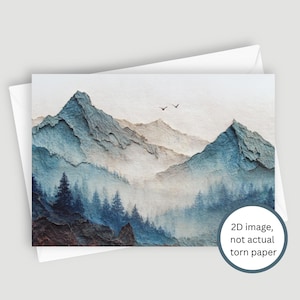 Puede incluir: Una tarjeta de felicitación con una pintura de acuarela de una cordillera en tonos azules y marrones. La imagen incluye un bosque de árboles y dos pájaros en el cielo. La tarjeta está dentro de un sobre blanco. Texto en la tarjeta: "Imagen 2D, no papel rasgado real."