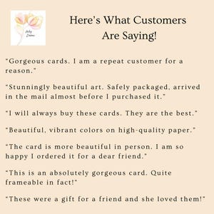 May include: A cream-colored graphic with the text "Here's What Customers Are Saying!" and customer testimonials about "gorgeous cards" and "beautiful art." The logo "Artsy Dreams" is in the upper left corner.
