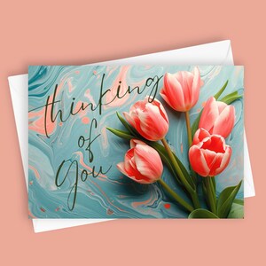 Ik denk aan je Tulpen | Blanco wenskaart van 5 x 7, bloemen briefpapier, tulpkaart, aanmoedigingskaart, vriendschapskaart, kaart voor alle gelegenheden