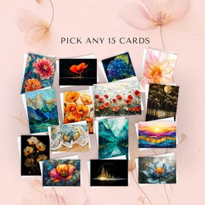 May include: A collection of 15 art cards with various floral and landscape designs. The cards feature watercolor paintings of flowers, mountains, and sunsets. Text on the image reads "PICK ANY 15 CARDS".