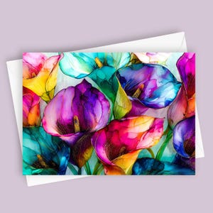 Calla Jewels / Biglietto d'auguri vuoto, Carta da lettere con calle colorate, Carta 5x7 con busta, Biglietto con note floreali vivaci, Carta da lettere botanica
