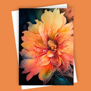 Dahlia fantaisie #2 | Carte de voeux vierge, papeterie 5 x 7, carte d'art floral, carte de fleur de dahlia, carte de fleur colorée, carte de voeux unique, note