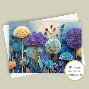 Torn Paper Alliums | Vibrant Blue Floral Card with FAUX Torn Paper Effect, Blank 5x7 Botanical Stationery