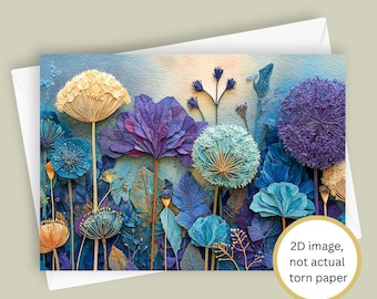 Torn Paper Alliums | Vibrant Blue Floral Card with FAUX Torn Paper Effect, Blank 5x7 Botanical Stationery