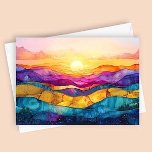 Lever du soleil en vitrail | Carte de voeux vierge 5 x 7, papeterie aux couleurs vives pour toutes les occasions, design unique Lever du soleil pour des messages personnalisés