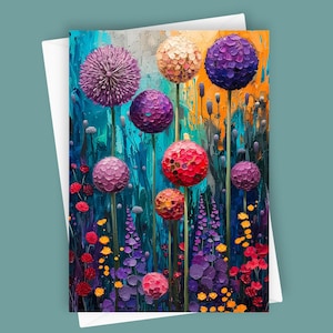Jardin d'allium #2 | Carte de voeux vierge 5 x 7, papeterie florale vibrante pour toute occasion, design coloré unique pour messages personnels, fleur