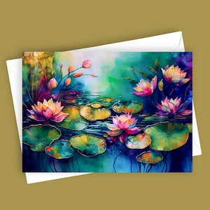 Créations divines | Carte de voeux vierge 5 x 7, Fleurs de lotus aquarelles, Papeterie inspirée de la nature, Floral artistique, Cadeau unique, Intérieur vierge