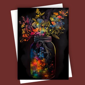 瓶に入った派手な野の花 | 空白の 5x7 グリーティング カード、カラフルな花柄の文房具、あらゆる機会、自然のイラスト、ユニークな花のアート カード