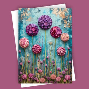 Allium Garden | Cartão de felicitações em branco 5x7, papelaria floral, design de flores exclusivo, flor de allium, cores vibrantes, cartão inspirado na natureza, em branco