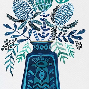 Mid Century Botanical Print – Peacock Vase - Abstract Native Flowers – Signed Watercolour Print - Sally Browne