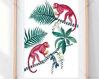 Hot pink Monkeys and Palms signed Fine Art Print by Australian artist Sally Browne