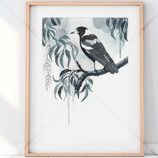 Australian Magpie and eucalyptus watercolour print by Sydney artist Sally Browne. Botanical art gum leaves.