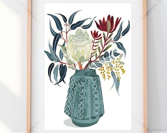 Abstract Flowers in Retro Vase, watercolour fine art print by Sally Browne.