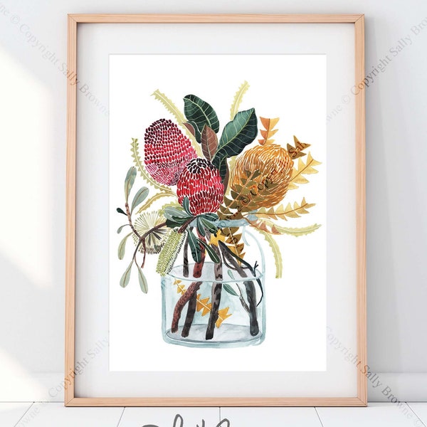 Banksia and Magnolia Grandiflora leaves print by Australian artist Sally Browne. Signed and Editioned.