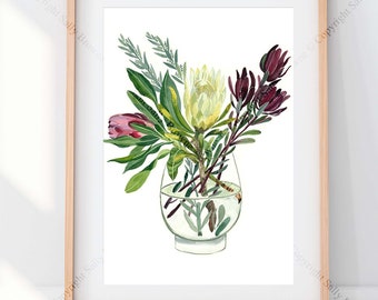 watercolour flowers print, proteas in glass vase by Australian artist Sally Browne