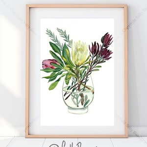 watercolour flowers print, proteas in glass vase by Australian artist Sally Browne