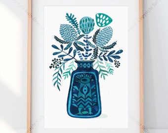 Peacock Vase and abstract turquoise flowers Limited edition print. Mid Century Modern style, signed by Australian artist Sally Browne