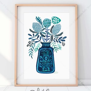 Peacock Vase and abstract turquoise flowers Limited edition print. Mid Century Modern style, signed by Australian artist Sally Browne