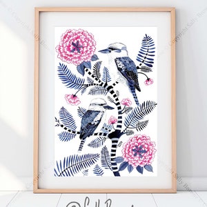 Kookaburra and Peony Australian Botanical Fine Art Signed and editioned Print by Sally Browne image 1