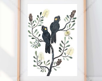 Black Cockatoos and Coastal Banksia Watercolour Fine Art print by Australian artist Sally Browne. Signed and Editioned.