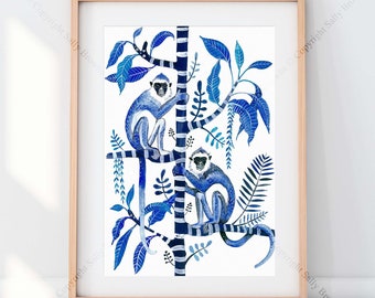 Monkey & tropical botanical watercolour print, blue and white decor by Australian artist Sally Browne