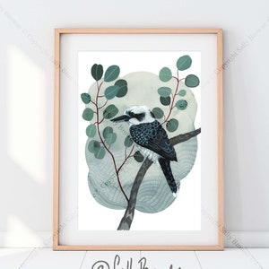 Kookaburra and eucalyptus watercolour print by Australian artist Sally Browne. Signed and editioned with certificate.