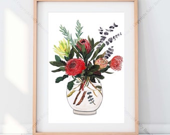 Native Australian Flower Print featuring Waratah, protea and silver dollar eucalyptus. Extra large A1 prints available