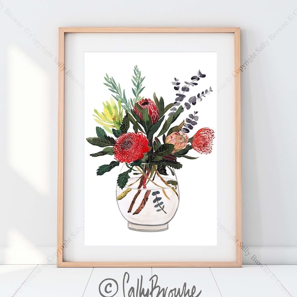 Native Australian Flower Print featuring Waratah, protea and silver dollar eucalyptus. Extra large A1 prints available