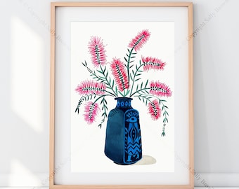 Bottlebrush, Pink Callistemon in Mid Century Peacock Vase, signed fine art watercolour print by Australian artist Sally Browne