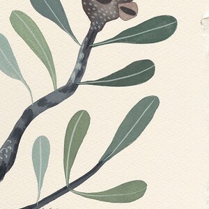 May include: A watercolor painting of a branch with green leaves and two flowers. One flower is brown and has a textured surface. The other flower is yellow and has a fuzzy texture.