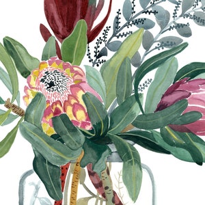 May include: Watercolor painting of a floral arrangement featuring a large protea flower with pink and yellow petals, surrounded by green leaves and other flowers in shades of burgundy and gray. The flowers are in a clear glass vase.