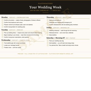 May include: A wedding checklist titled "Your Wedding Week" with a black and gold header. The checklist is organized by day, with tasks listed for each day of the week leading up to the wedding.