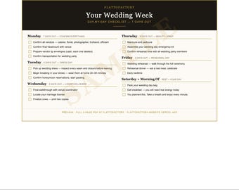 Wedding Week Checklist | Day Of Planner, Bride To Do List (PDF Download)