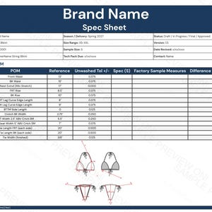 May include: A spec sheet for a string bikini, featuring the brand name, style details, and measurements. The document includes a table with dimensions like front waist, BK waist, and tie lengths, along with technical specifications.
