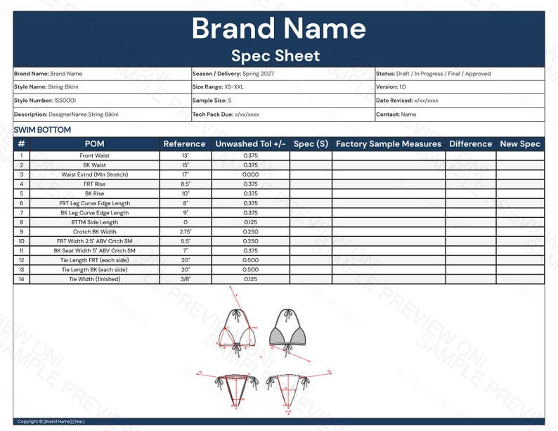 May include: A spec sheet for a string bikini, featuring the brand name, style details, and measurements. The document includes a table with dimensions like front waist, BK waist, and tie lengths, along with technical specifications.