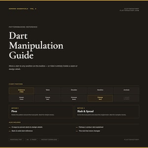 May include: A dark brown page titled "Dart Manipulation Guide" with white text. The guide explains how to move darts on a bodice. It includes sections on dart positions and methods like Pivot and Slash & Spread. The document is a patternmaking reference.