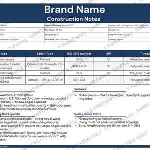 May include: Construction notes document with the brand name and details for a string bikini. The document includes stitching specifications, seam allowances, and elastic details. The document also includes quality check points.