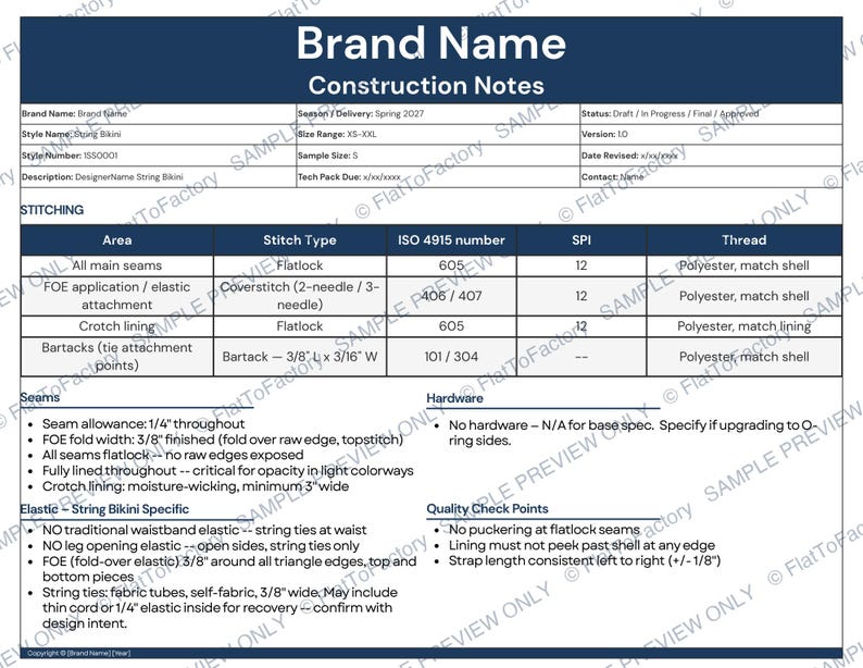 May include: Construction notes document with the brand name and details for a string bikini. The document includes stitching specifications, seam allowances, and elastic details. The document also includes quality check points.