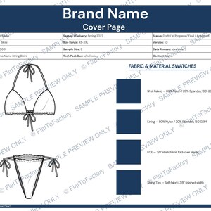 Puede incluir: Dibujo técnico de un bikini de tiras. La parte superior presenta copas triangulares con cierres de lazo en el cuello y la espalda. La parte inferior es un estilo de bikini de tiras con laterales de lazo. Se incluyen muestras de tela y material.