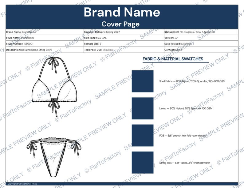 May include: Technical drawing of a string bikini. The top features triangle cups with tie closures at the neck and back. The bottom is a string bikini style with tie closures on each side. Fabric and material swatches are included.