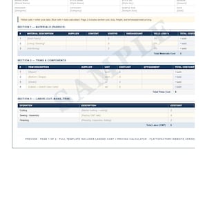 May include: Apparel costing sheet template with sections for materials, trims, and labor. Includes fields for brand name, style details, and cost calculations. The document is a preview of a full template.