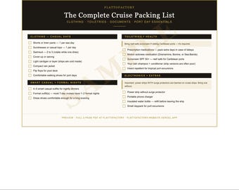 Lista completa de equipaje para crucero / Lista de verificación de vestimenta para la noche formal y el día en puerto (PDF)